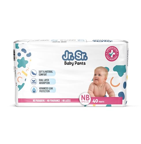 Image of Jr. Sr. Baby Diaper Pants | Newborn /Extra Small (NB /XS) Size (0-5 kg), 40 Count | Pack of 3 | Upto 12 hr Absorption with Advanced Leak Protection | Safe For Babies Skin | Soft, Secure & Comfy