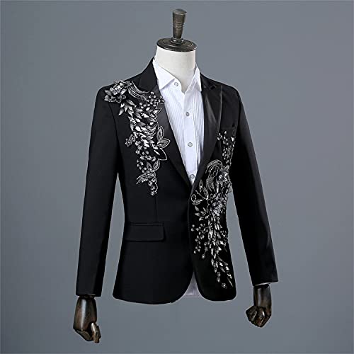 Mens 2 Pieces Luxury Embroidered Suits 1 Button Print Dinner Tuxedo Jacket Pants Prom Wedding Elegant Blazer Dress Suit (Black,Large)2