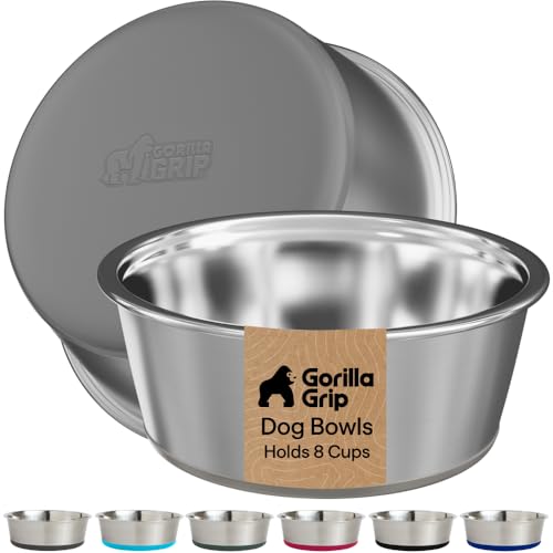 Image of GORILLA GRIP Dog Bowls, Food Grade 304 Stainless Steel, Holds 8 Cups Each (64 fl oz) Food and Water Bowl for Feeding Dogs and Cats, Dishwasher Safe, Rust Resistant, BPA Free Rubber Base Set of 2 Gray