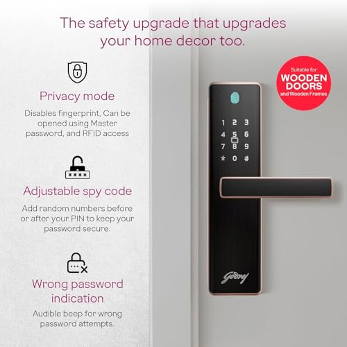 Image of Godrej 'New Launch' Smart Lock | Neo Prime Digital Lock for Wooden Door | Fingerprint, PIN, RFID Card & Mechanical Key | 4 in 1 Access | Rose Gold |3 Yrs Warranty