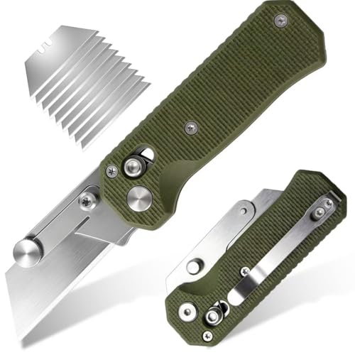 Folding Utility Knife, Pocket Knife, Box cutter Knife with Pocket & Rail Lock, Durable Razor Knife for Home Office Warehouse Everyday Carry, Gift for Men Women（Green）
