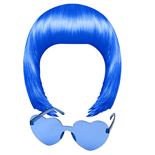 MIAHART Dark Blue Short Bob Wig and Sunglass Set Neon Colored Wigs Sunglass Pack Costume Colorful Cosplay Wigs Daily Party Hairpieces for Bachelorette Neon Party Favors Halloween Decorations Supplies