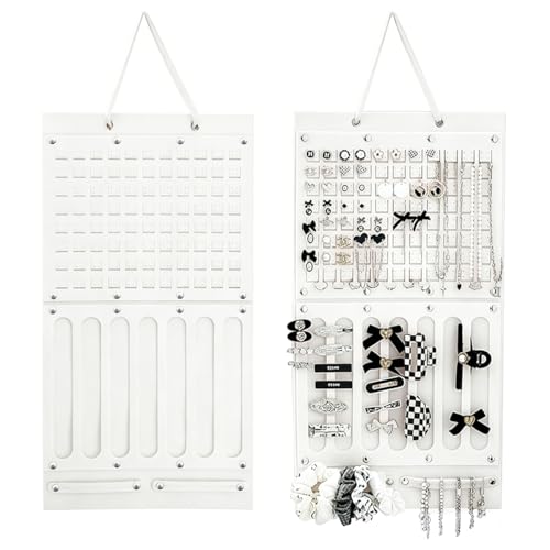 HASTHIP® Felt Hanging Earrings Organizer Hair Bows Clips Hair Accessory Organiser, Multifunction Jewelry Display Rack with Earring Holder Panel, Necklace Hooks and Sunglass Slots for Door Wall Closet