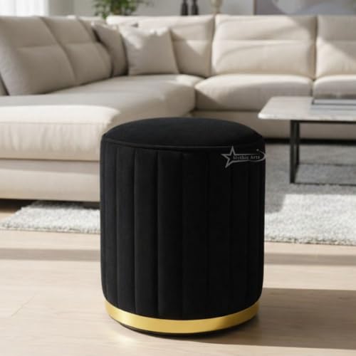 Image of Upholstered Round Linen Strip Stool Living Room Foot Rest Office Stool Pouf Ottoman Padded Seat - Black