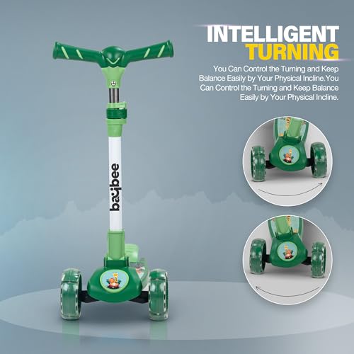 Image of Baybee Kitty Kick Scooter for Kids | Foldable 3 Wheel Kid Scooter with 4 Height Adjustable Handle & Brake | Skate Scooters with LED PU Wheels | Runner Scooters for Kids 3 to 10 Years Boy Girl (Green)