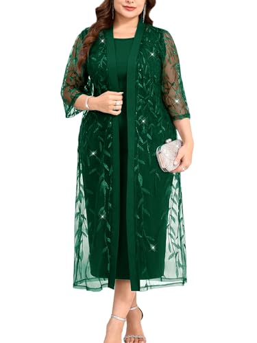 Sassique Plus Size 2 Piece Dress Suit with Sequin Sheer Cardigan Formal Wedding Guest Evening Mother of the Bride Outfit, Emerald Green, 2X