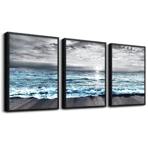 Black Framed Canvas Wall Art For Living Room & Bedroom Decor - Black And White Beach Wall Painting - Blue Ocean Sea Wave Pictures - Modern Office Posters - Home Decor Set of 3