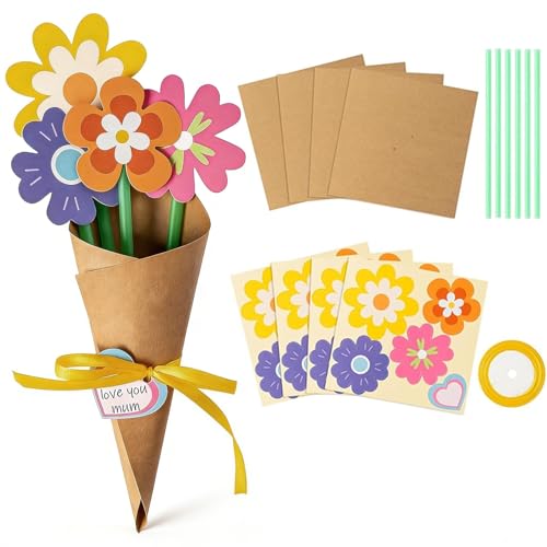 TIHNY Kit de Manualidades de Ramo de Flores de Papel para Niños - Set de 6 Tarjetas y Flores para Crear, Actividades de Día de la Madre y Proyectos Escolares, Regalo Infantil
