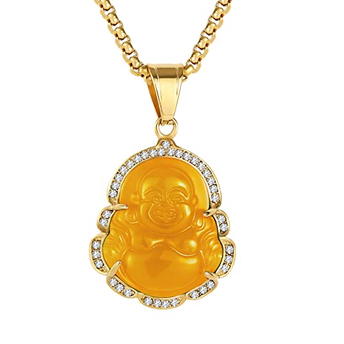 P.BLAKE Laughing Buddha Buddah Necklaces For Women Men, Ice Out Buddha Pendant For Men Women with Stainless Steel Gold Chain 24 inches