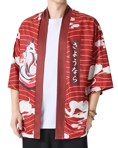 Image of PRIJOUHE Men's Japanese Kimono Cardigan Jackets Casual Long Sleeve Open Front Coat Lightweight Yukata Outwear