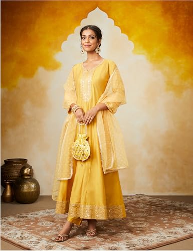 Image of Amazon Brand - Myx Women's Embroidered Anarkali Kurta Pant Set with Organza Dupatta | A-line fit (Available in Plus Sizes)