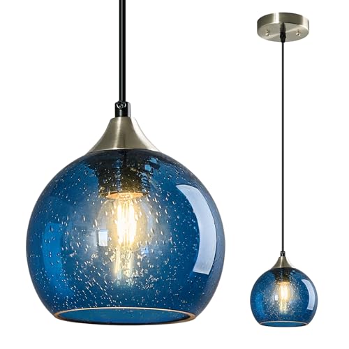 Image of Blue Glass Pendant Lights Kitchen Island Lighting Globe Pendant Light Fixtures Modern Pendant Lighting for Kitchen Island Bedroom Living Dining Room Light Fixture(5.9in, 1-Pack)