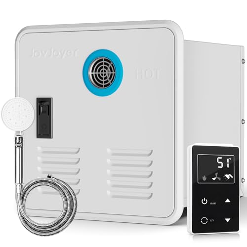 JOVJOYER RV Tankless Water Heater, 55,000 BTU RV Propane Water Heater, 2.9 GPM Instant RV Water Heater with Front/Back Hot Water Outlet, 15 x 15 inches White Door and Remote Controller, 9800 Ft DC 12V