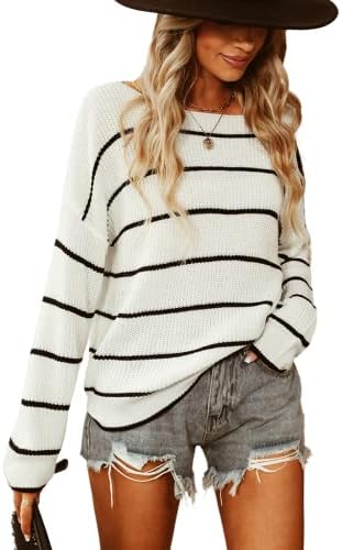 CUPSHE Women Casual Stripe Sweaters Long Sleeve Boat Neck Relaxed Fit Pullover Knitwear,S