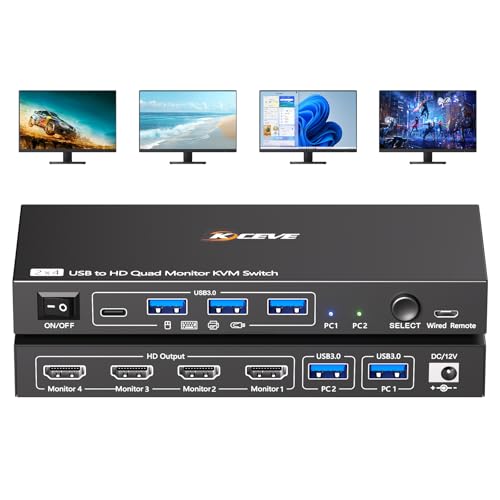 Quad Monitor KVM Switch 4 Monitore 2 Computer 1080P @ 60Hz, USB 3.0 KVM Switch Quad Monitor für 2 PC Share 4 Monitore und 4 USB-Geräte, mit kabelgebundener Fernbedienung und 2 USB-Kabeln