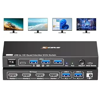 Quad Monitor KVM Switch for 2 Computers, 4 HDMI Monitors, USB 3.0, 1080P@60Hz, Wired Remote