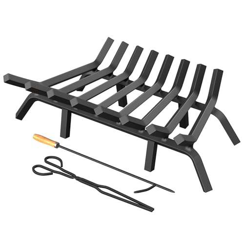 Jusgym Fireplace Grate 30 Inch with 8 Support Legs, Solid Steel Heavy Duty Fireplace Log Holder with Fire Log Tongs & Fire Poker, Fireplace Log Grate for Indoor Fireplace and Outdoor In-ground Firepit