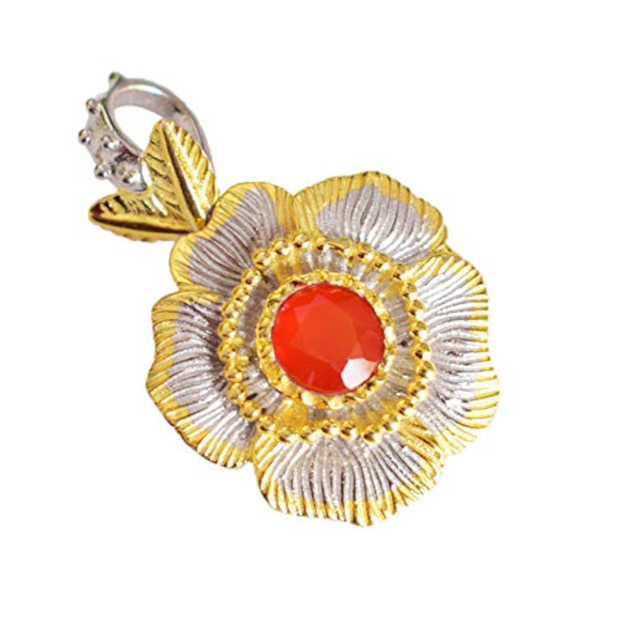 Natural Carnelian Flower Design 925 Silver Pendant Necklace