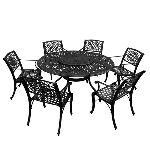 Image of Oakland Living 1022-2777(6)-LBK Modern Ornate Outdoor Mesh Aluminum 59-in Large Black Round Patio Lazy Susan and Six Chairs Dining Set