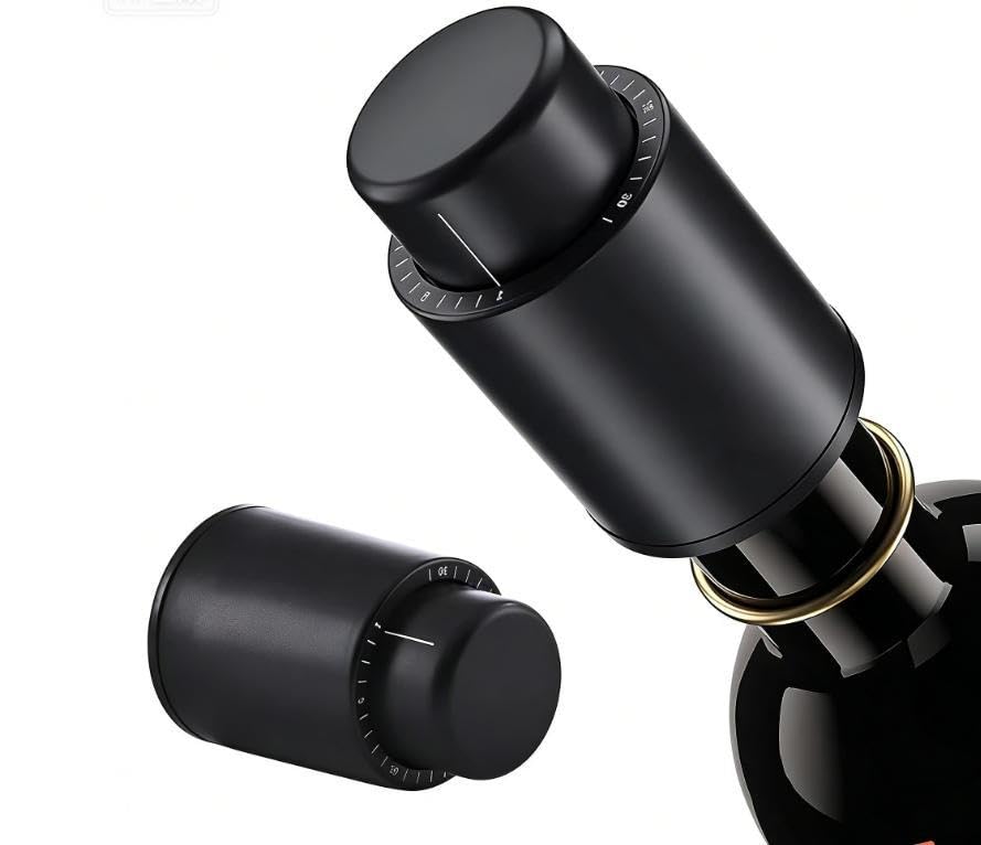 Wine Stopper Vacuum with Storage Time Scale Reusable Leak-Proof Food-Grade Silicone 2-Piece Black Set