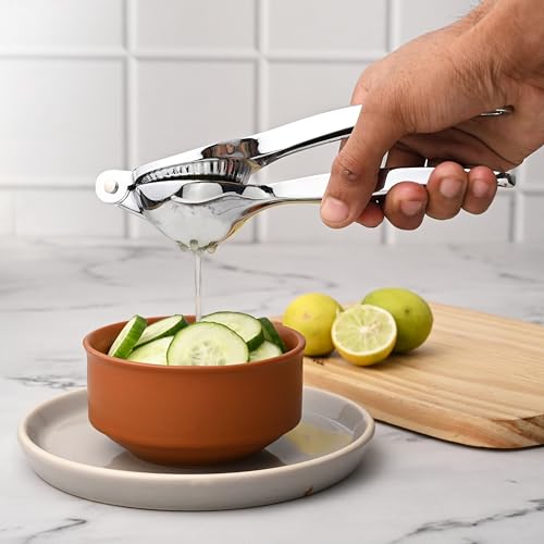 Image of VOUCH Lemon Squeezer Stainless Steel Finish | Heavy Duty Manual Citrus Juicer for Lemon & Lime | Modern Hand Press Juice Extractor | Easy Grip Handle | Essential Kitchen Gadget