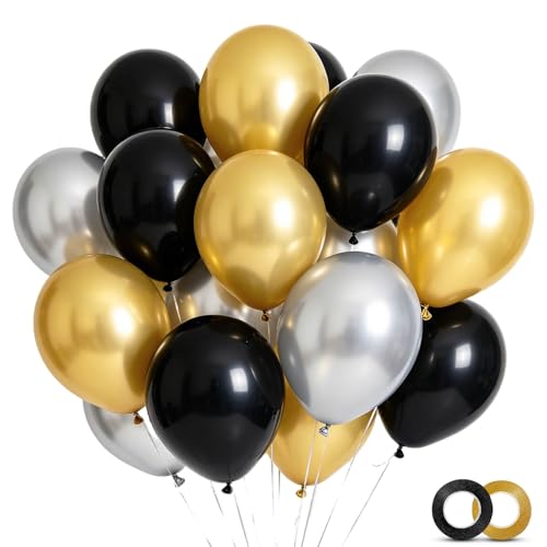 100 Pack Black Gold and Silver Balloons 12 inch Latex Party Balloons with 65ft Ribbon for Birthday Graduation New Year Party Decorations Supplies