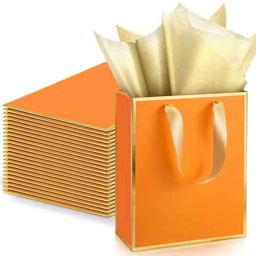 Image of Yeaqee 24 Pack Metallic Paper Gift Bag with Tissue, Orange, Gold | with Satin Ribbon Handle and Tissue, 9x7x3.1 Inch, Suit Business, Birthday, Christmas, Thank You Return Gifts Bags