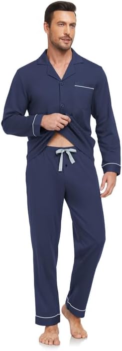 COLORFULLEAF Men's 100% Cotton Pajama Set Long Sleeve Button Down Top & Pants Soft Breathable Loungewear with Pockets - Image 2