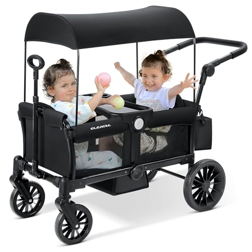 Image of ELEMARA Wagon Stroller for 2 Kids, Premium All-Terrain Stroller with Canopy, Adjustable Push/Pull Handle Bar, Comfortable drop-down footwell and Upholstered Seats, Black