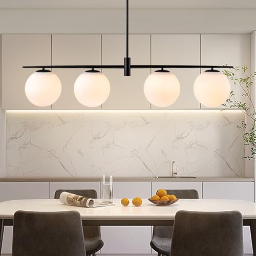 Image of Black 45.3 inch Linear Chandeliers for Dining Room 4-Lights Milk Glass Globe Large Modern Linear Chandelier for Kitchen Island Living Room, Mid Century Chandelier Light Fixture Over Table