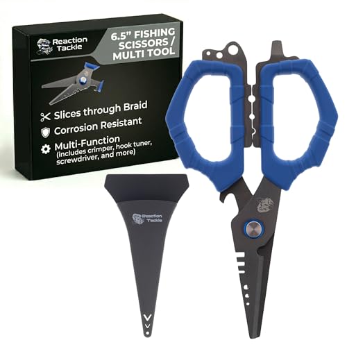 Reaction Tackle Fishing Line Scissors 6.5 Inch Heavy Duty Braid Shears with Serrated Stainless Steel Blades Multi-Tool with Sheath Cuts Braid Mono Fluoro and Wire
