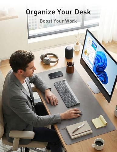 Image of Aothia Faux Leather Desk Mat - Non-Slip PU Leather Desk Blotter, Waterproof Writing Surface, Large Desk Pad for Office & Home (Light Grey, 55 inch x 17 inch)