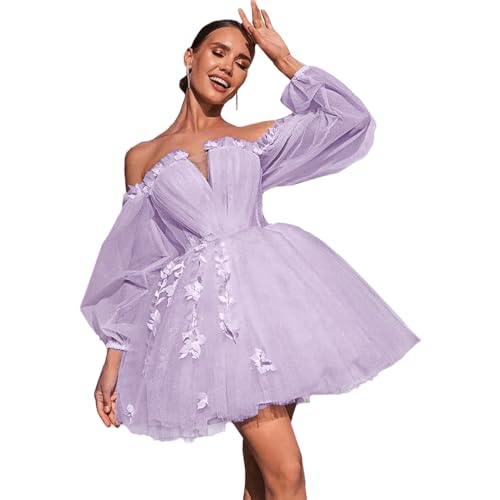 Sparkly Lace Applique Homecoming Dresses Short for Teens 2024 Glitter Puffy Sleeve Tulle Cocktail Party Gowns