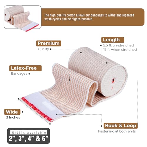 Premium Elastic Bandage Wrap (3” Wide, 25 Pack) - Nexskin Latex Free Athletic/Medical Compression Bandages Hook & Loop Fasteners at Both Ends - Lifetime Washable & Reusable Bandages