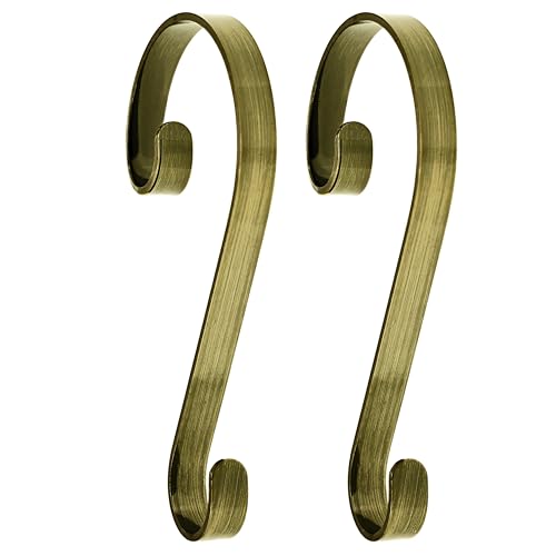 Haute Decor Stocking Scrolls Stocking Hanger- 2 Pack (Antique Brass Metal) - Christmas Stocking Holder Hook That Fits Most Mantel Sizes and Styles