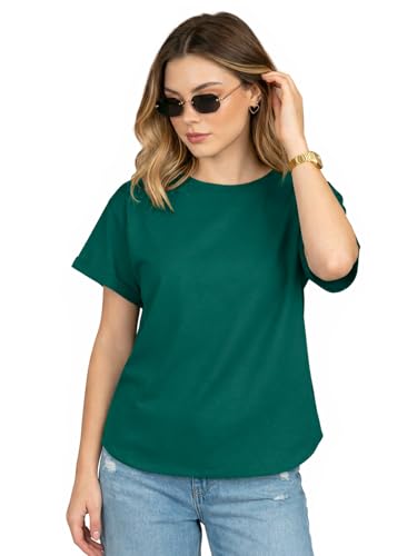 Image of JUNEBERRY Pure 100% Cotton Oversized Loose Fit Drop Shoulder Round Neck Boyfriend Fit Solid Half Sleeves T-Shirt for Women & Girls (Sizes: S to 2XL)