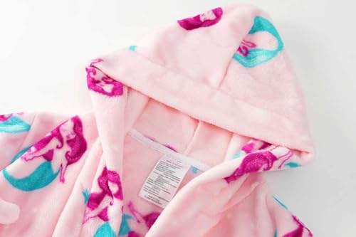 Image of Girls Fleece Hooded Robes, Warm Printed Bath Robe for Kids Soft Fuzzy Bathrobe for Gifts
