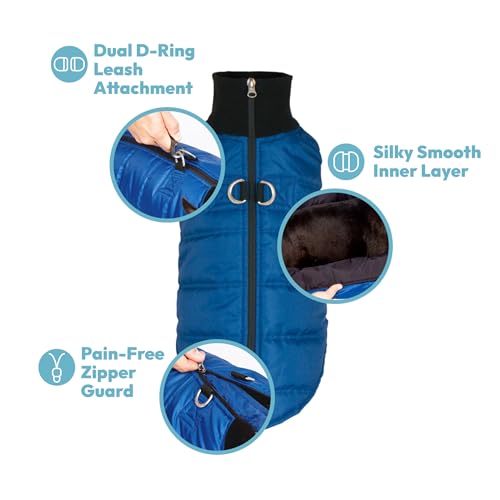 Image of Gooby G21 Bomber Dog Jacket, Blue, Small | Thick padded layers; Waterproof outer; Silky-smooth inner; Zipper guard; Bottom-opening