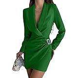 Women's Formal Blazer Work Dress Long Sleeve Lapel Button Bodycon V-Neck Slim Fit Work Business Pencil Dress Green