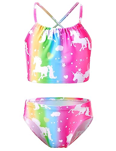Bathing Suit for Girls 7-8 Years Old Colorful Unicorn Stripes Print Halter Two Piece Swimsuit Tankini Sets Water Sport Swimwear -  TENVDA