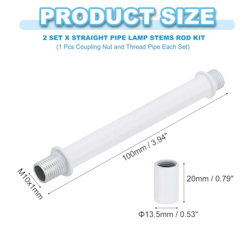 Image of PATIKIL Straight Pipe Lamp Stems Rod Kit, 2 Set M10 Carbon Steel 100mm(3.94 inch) Long Double End Thread Rod with Coupling Nuts Sleeve Connector for Table Lamps Chandeliers,White