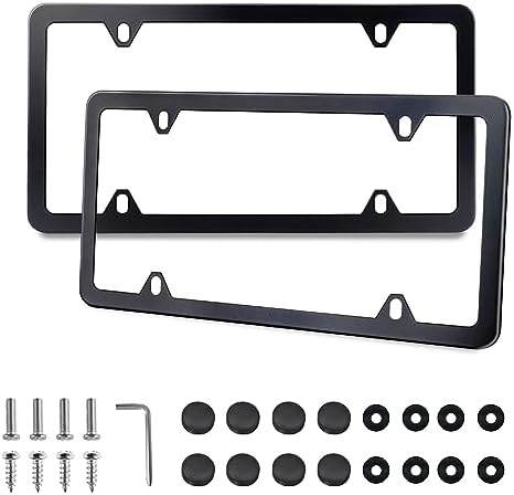 License Plate Frames Black, 2Pcs 4 Hole License Plate Holders, License Plate Frame Stainless Steel, Universal US Car License Plate Covers with Screws Washers Caps, by Lrokimg