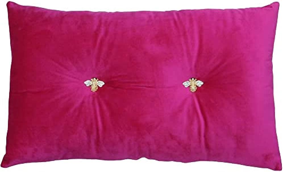 Bumble Rectangular Bee Scatter Cushion - Fuchsia Pink - Faux Velvet Look and Feel - Jewelled Metal Bee Buttons - Polyfilled - 100% Polyester - 30 x 50cm (12" x 20" inches) - Made by Riva Paoletti