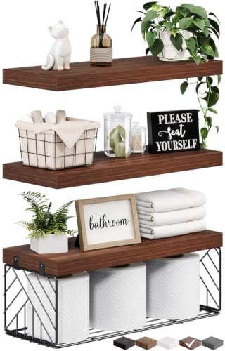 BAYKA Walnut-Like Floating Bathroom Shelves, 15.7in, 3Pk, Wall Mount Shelf