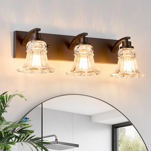 Haolaike Vintage 3-Light Bathroom Vanity Light, Oil Rubbed Bronze Bathroom Light Fixtures with Floral Clear Glass Shades, Antique Wall Sconce Fixtures for Dressing Table, Bedroom