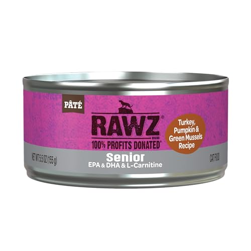 Rawz Natural Premium Pate Canned Cat Wet Food - Made with Real Meat Ingredients No BPA or Gums - 5.5oz Cans 24 Count (Turkey & Green Mussels for Seniors)
