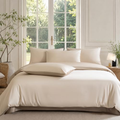 DCSKY King Size Duvet Cover, 100% Egyptian Cotton,1600 Thread Count, Reversible Duvet Cover, Soft and Breathable Satin Bedding Set, All Seasons (Heather Oat Beige, 104"x90")