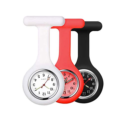 alladaga Set of 3 Nurse Fob Watches, Silicone Doctor Pocket Lapel Clip On Watches Gift (White Red Black)