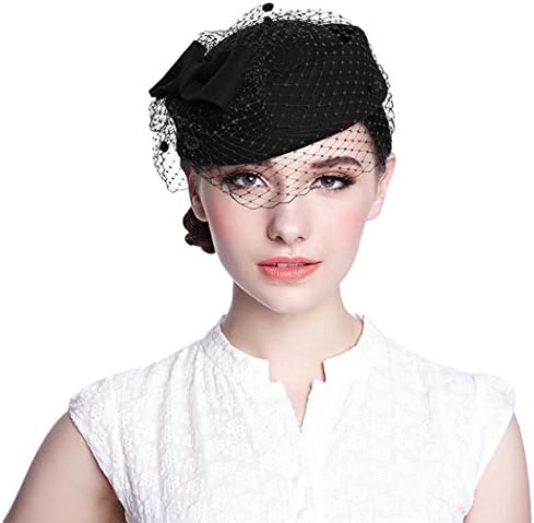 Pillbox Hat, Wedding Hat Caps with Veil Vintage Bow Fascinator Hats Caps for Women A Black