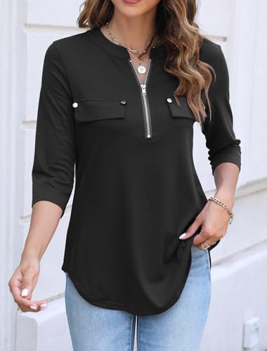 Halife Women's 3/4 Length Sleeve V Neck Flowy Tunic Blouses Work Tops Shirts with Zippers2